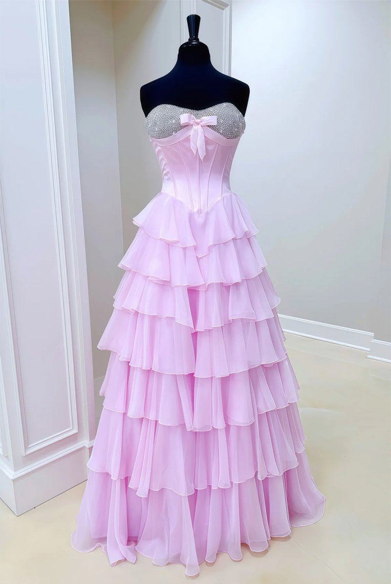 Ellira | Pink - Sweetheart A Line Chiffon Ruffled Long Formal Prom Dresses With Beading - KissProm