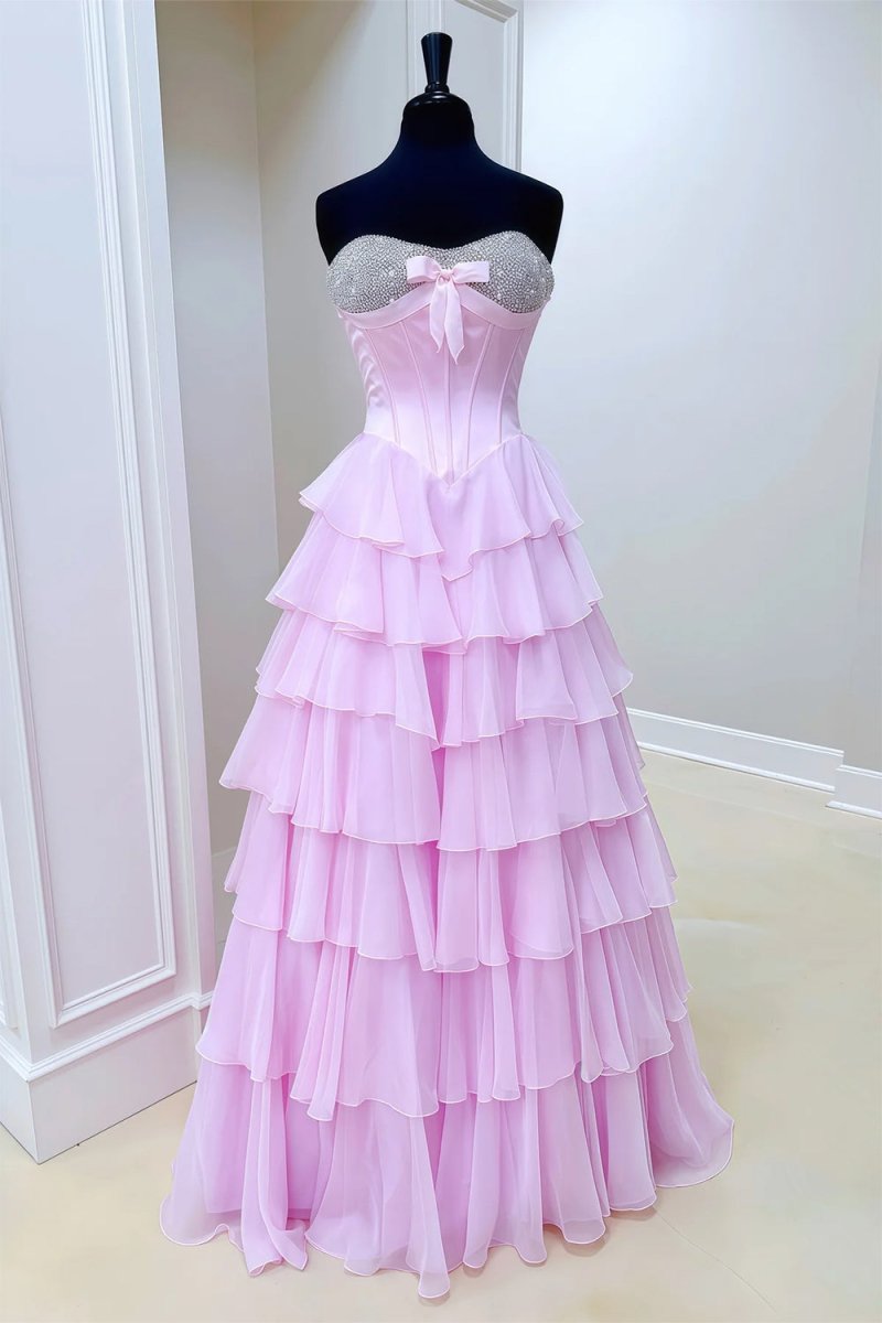 Ellira | Pink - Sweetheart A Line Chiffon Ruffled Long Formal Prom Dresses With Beading - KissProm
