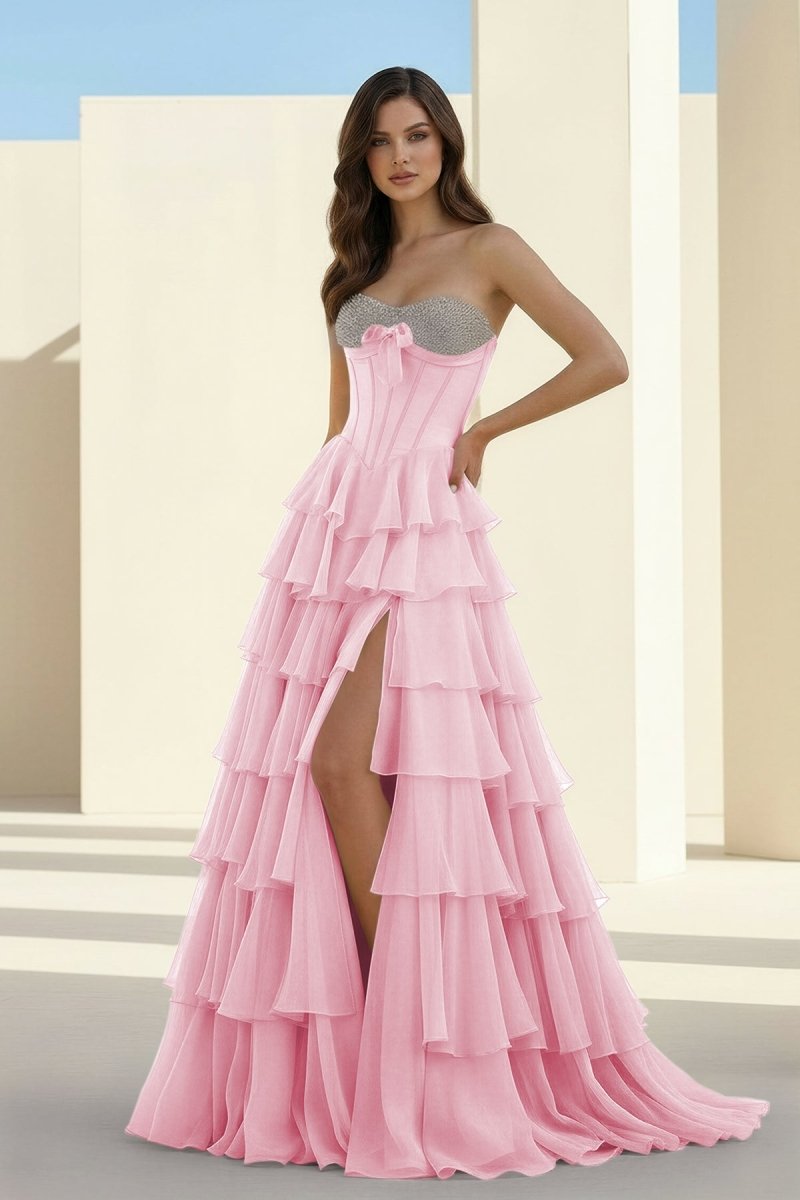 Ellira | Pink - Sweetheart A Line Chiffon Ruffled Long Formal Prom Dresses With Beading - KissProm