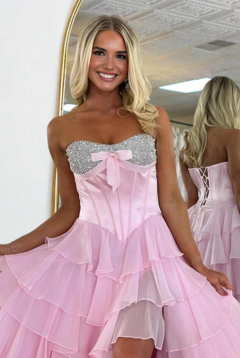 Ellira | Pink - Sweetheart A Line Chiffon Ruffled Long Formal Prom Dresses With Beading - KissProm