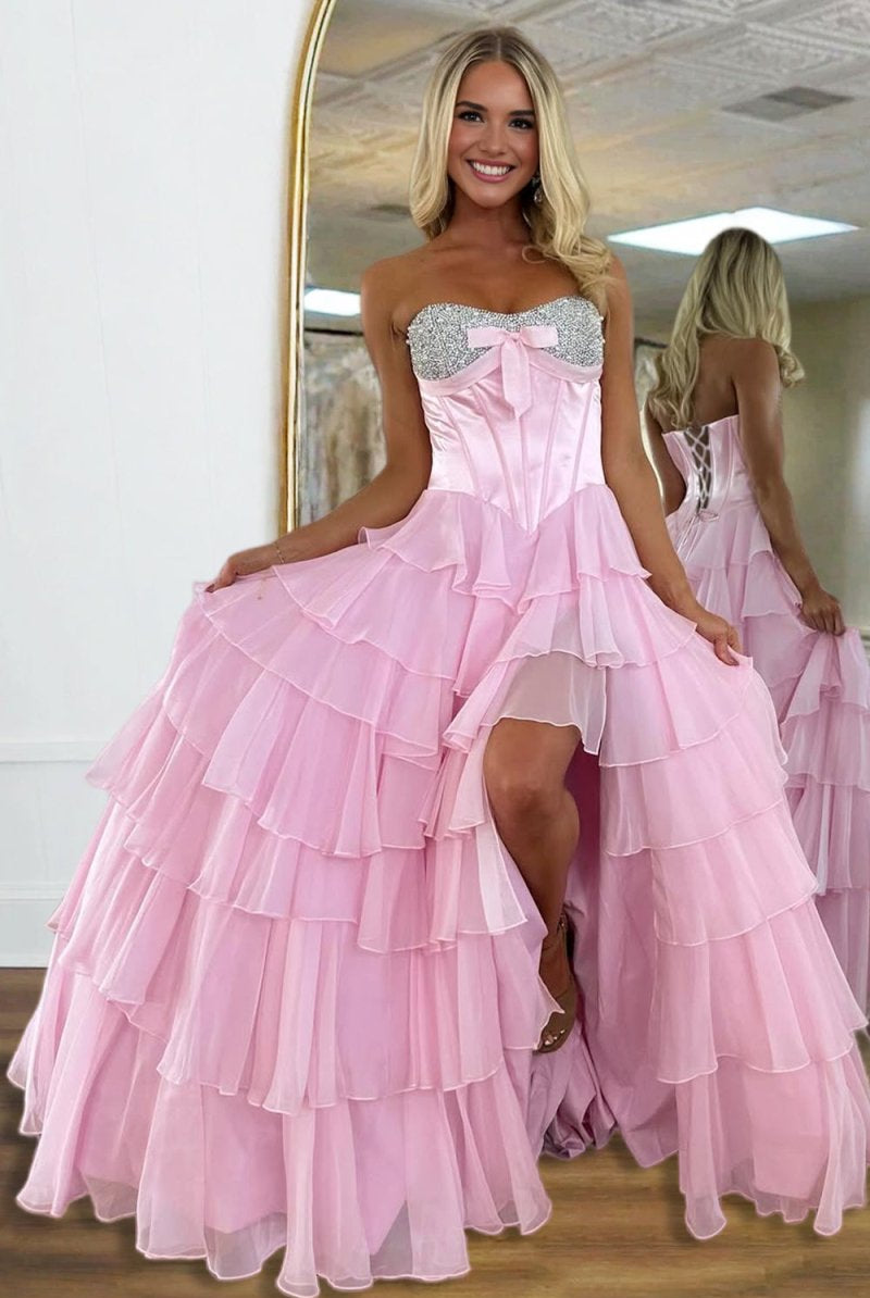 Ellira | Pink - Sweetheart A Line Chiffon Ruffled Long Formal Prom Dresses With Beading - KissProm