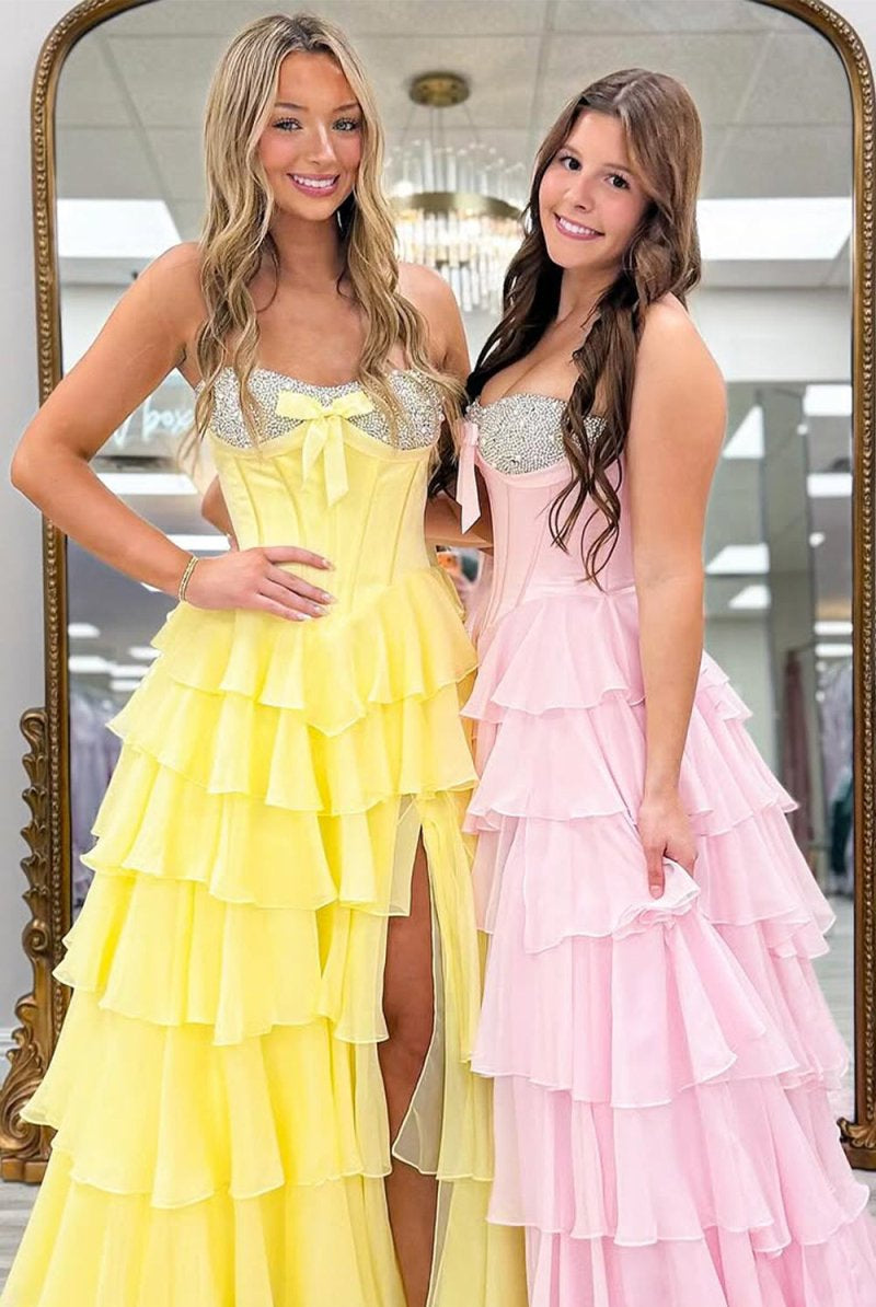 Ellira | Pink - Sweetheart A Line Chiffon Ruffled Long Formal Prom Dresses With Beading - KissProm