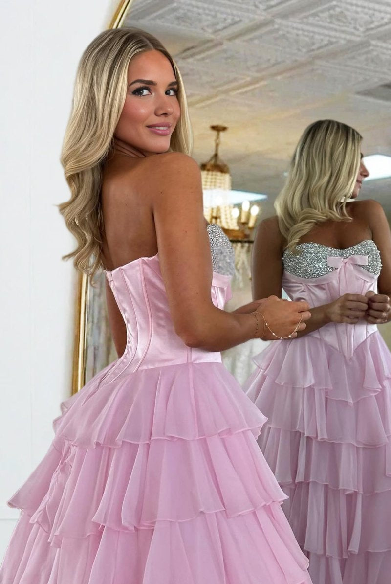 Ellira | Pink - Sweetheart A Line Chiffon Ruffled Long Formal Prom Dresses With Beading - KissProm