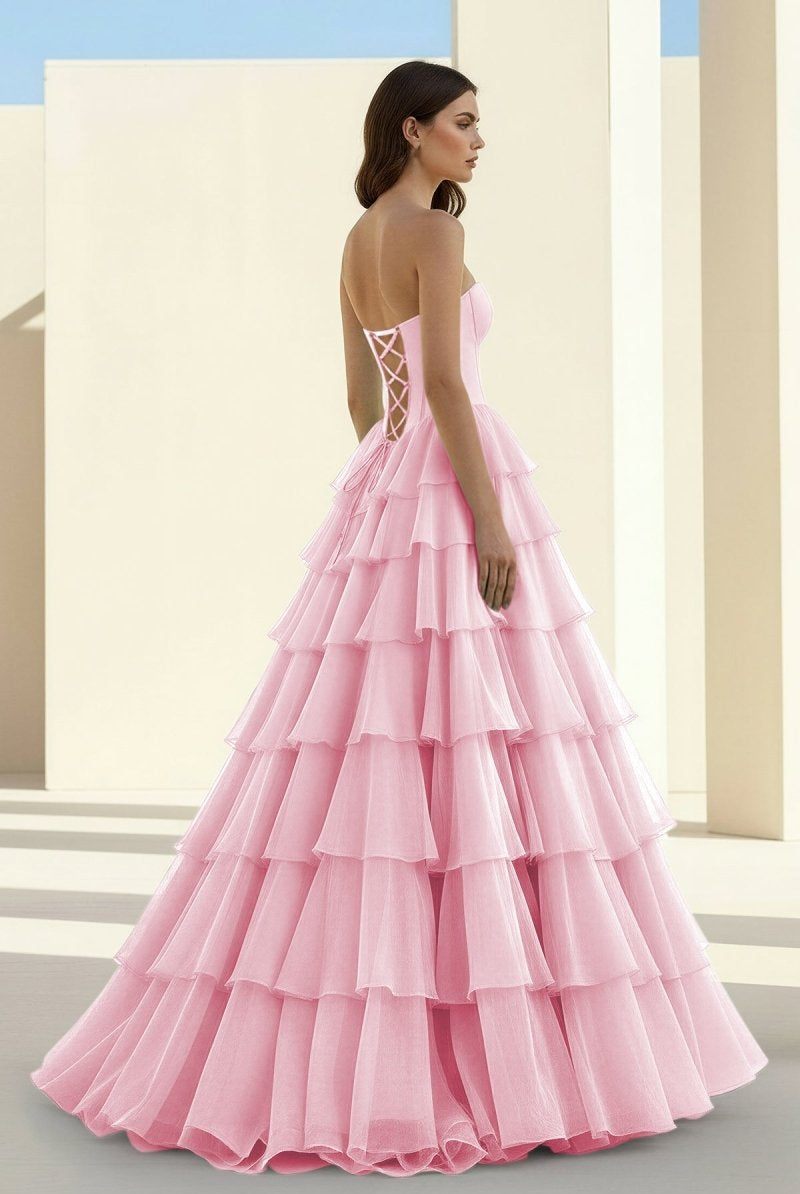 Ellira | Pink - Sweetheart A Line Chiffon Ruffled Long Formal Prom Dresses With Beading - KissProm