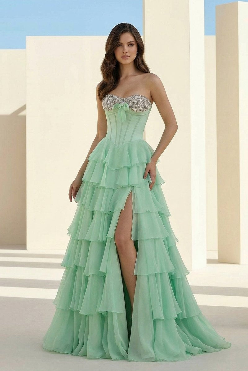 Ellira | Sage - Sweetheart A Line Chiffon Ruffled Long Formal Prom Dresses With Beading - KissProm