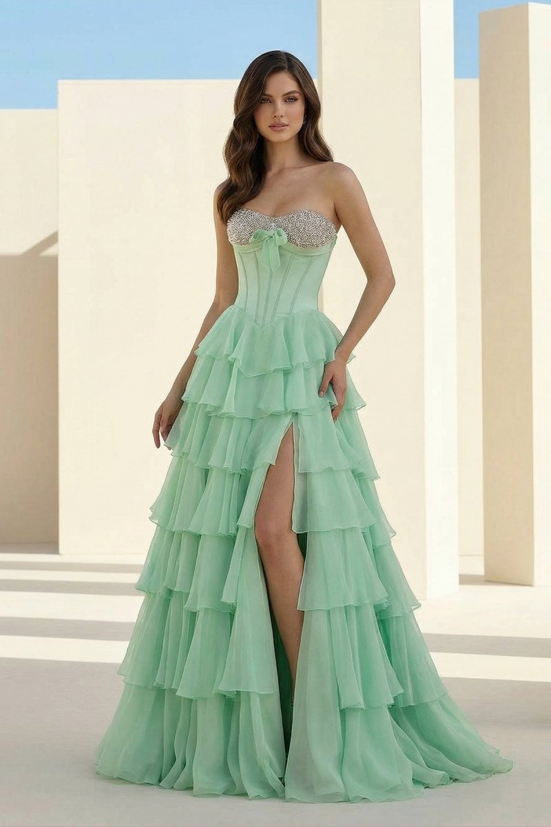 Ellira | Pink - Sweetheart A Line Chiffon Ruffled Long Formal Prom Dresses With Beading - KissProm