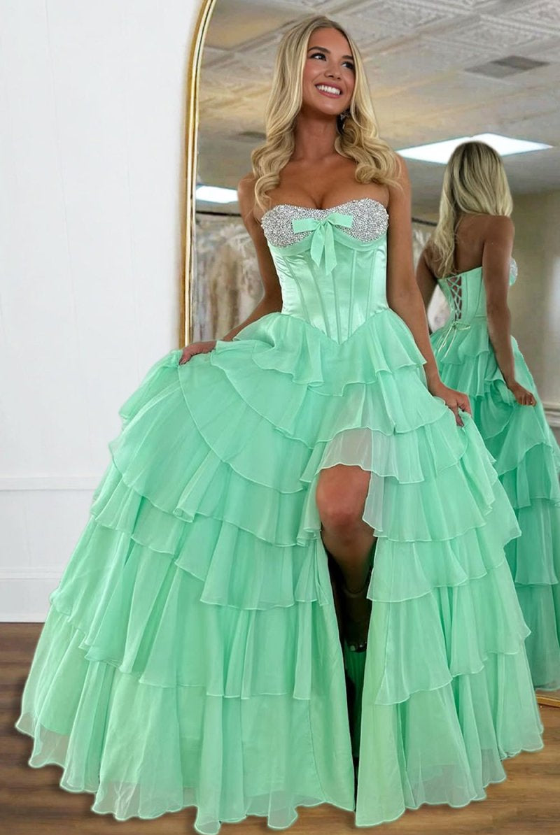 Ellira | Pink - Sweetheart A Line Chiffon Ruffled Long Formal Prom Dresses With Beading - KissProm