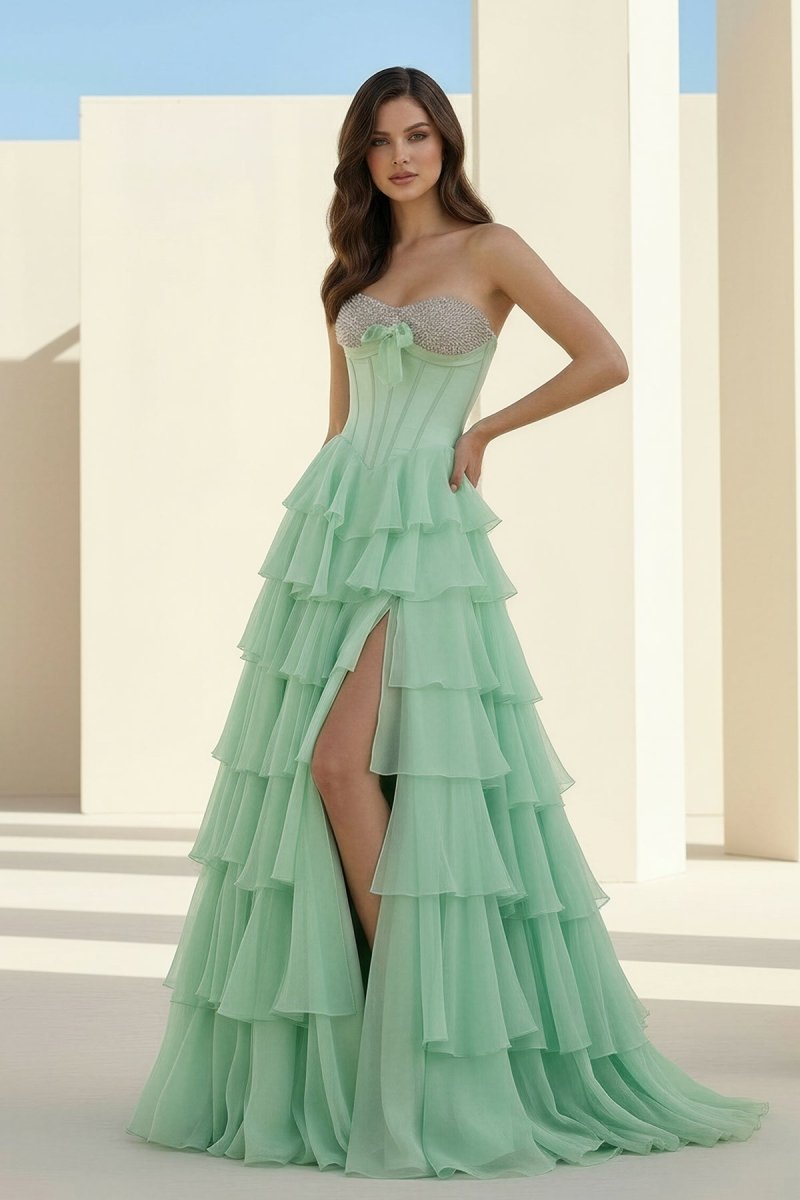 Ellira | Pink - Sweetheart A Line Chiffon Ruffled Long Formal Prom Dresses With Beading - KissProm