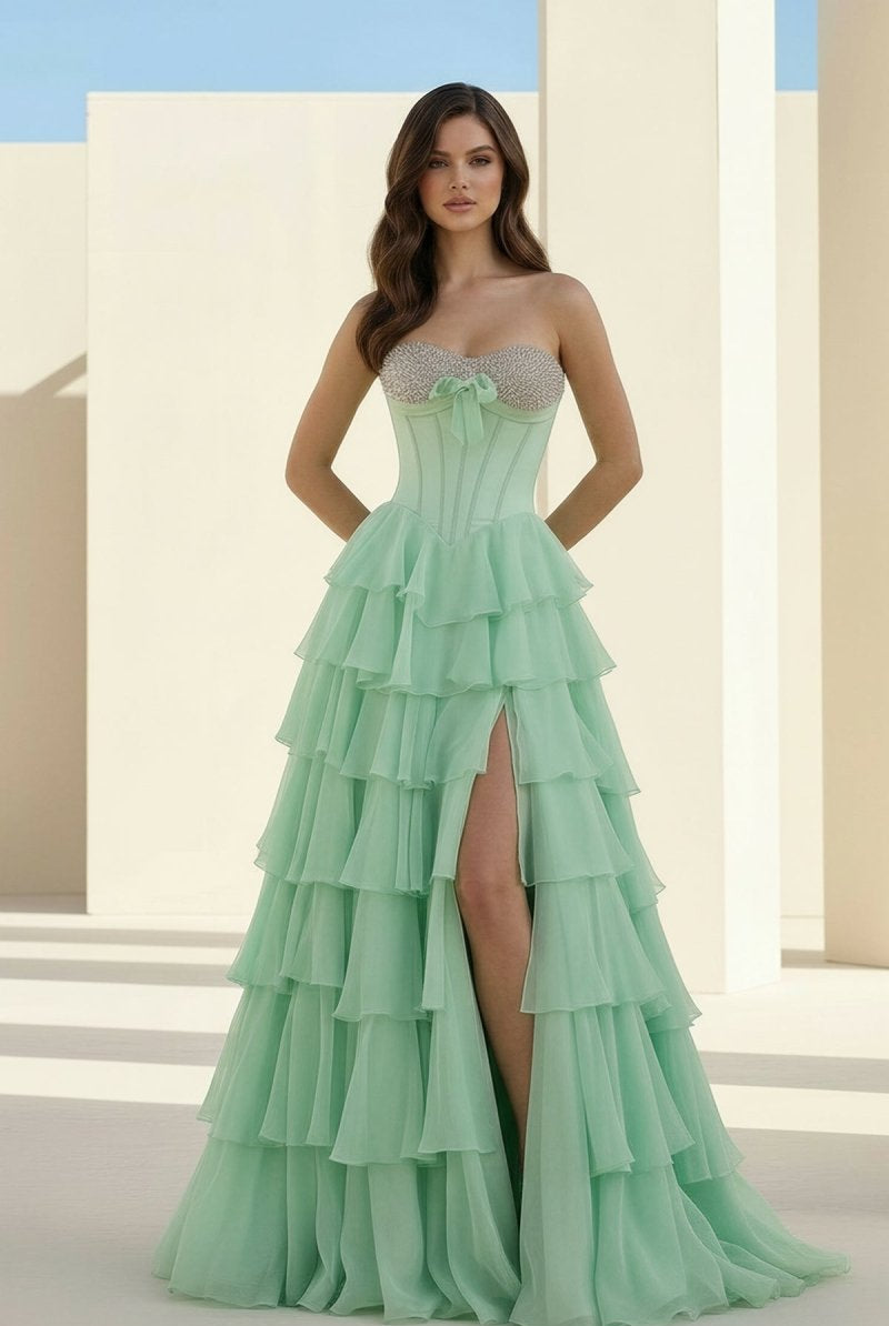 Ellira | Pink - Sweetheart A Line Chiffon Ruffled Long Formal Prom Dresses With Beading - KissProm