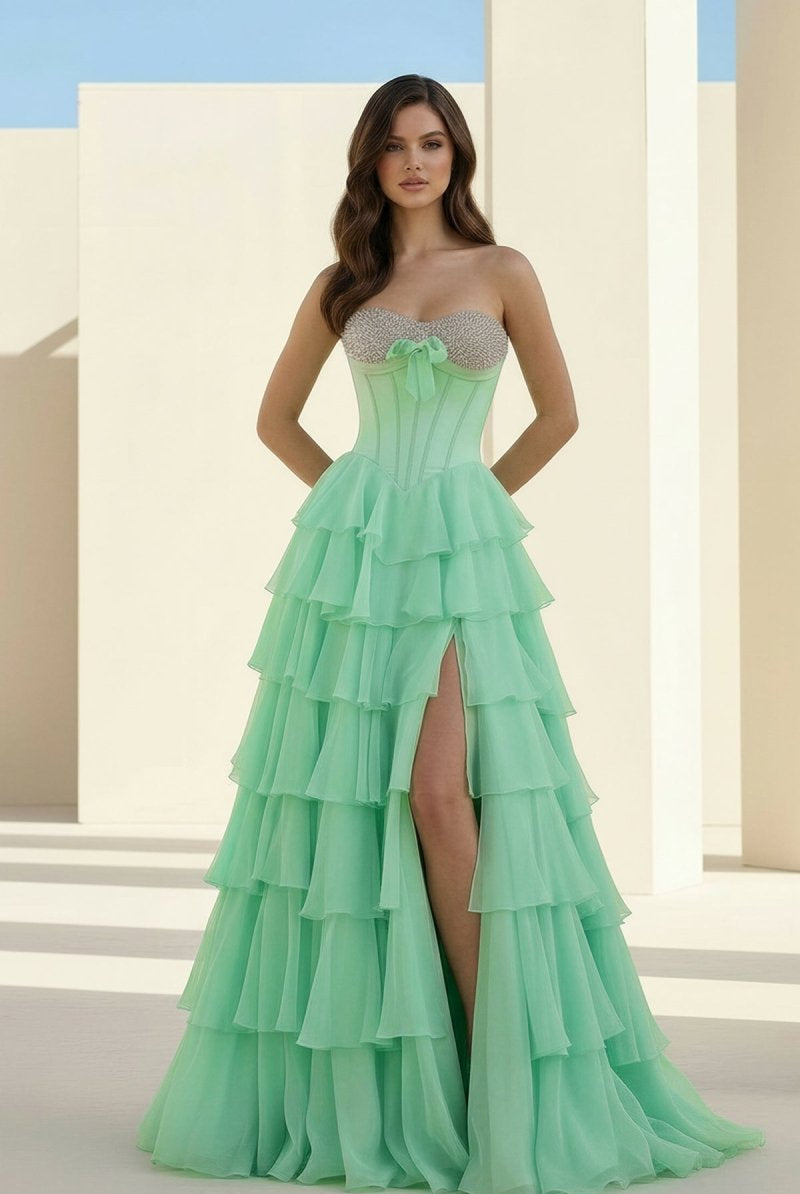 Ellira | Pink - Sweetheart A Line Chiffon Ruffled Long Formal Prom Dresses With Beading - KissProm