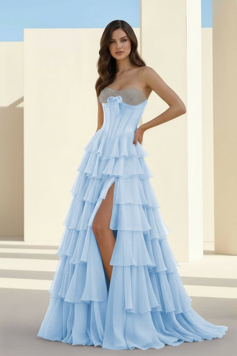 Ellira | Sky Blue - Sweetheart A Line Chiffon Ruffled Long Formal Prom Dresses With Beading -KissProm