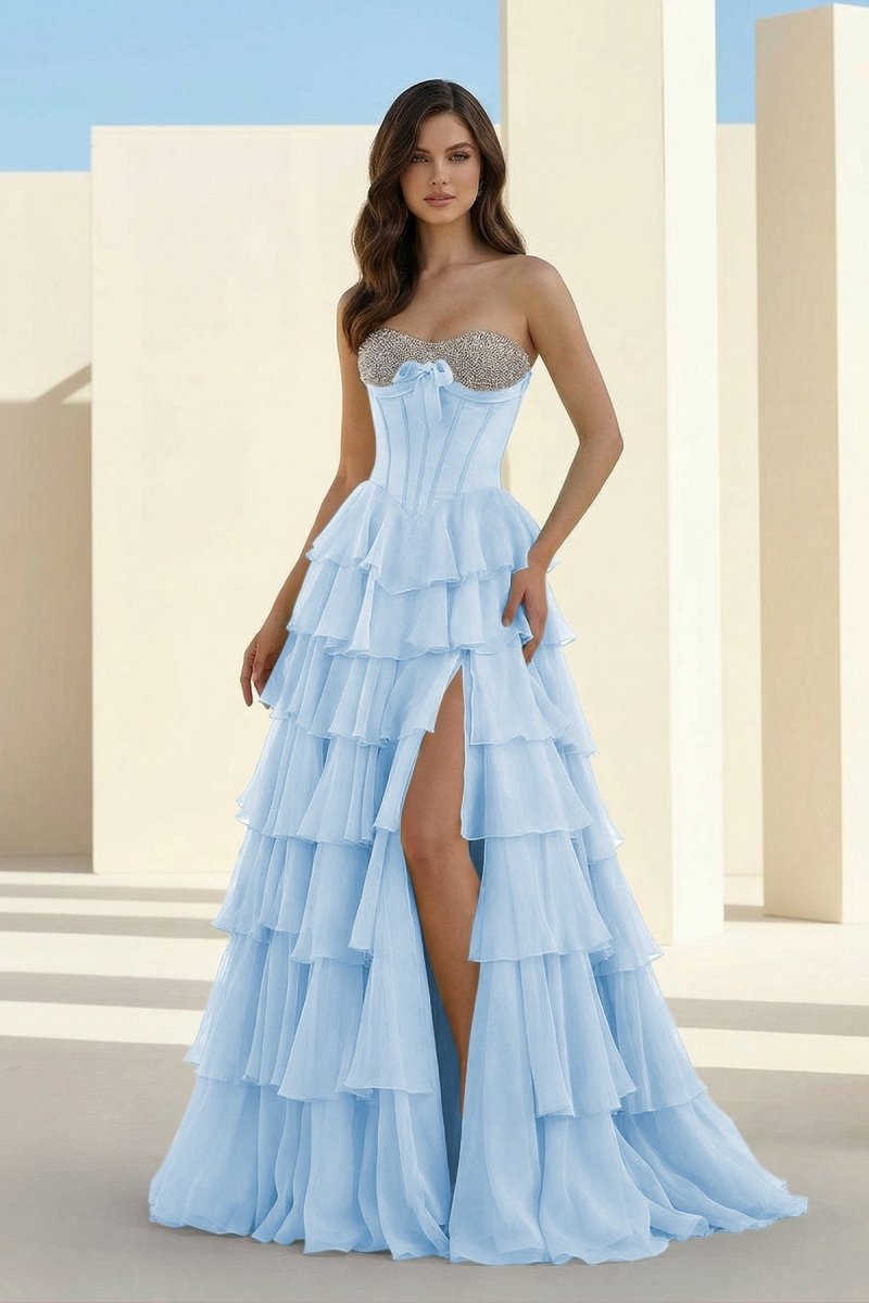Ellira | Pink - Sweetheart A Line Chiffon Ruffled Long Formal Prom Dresses With Beading - KissProm