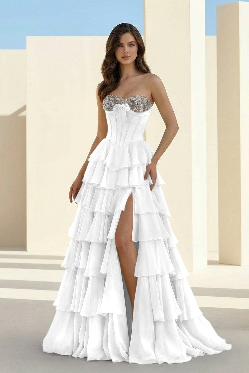 Ellira | Pink - Sweetheart A Line Chiffon Ruffled Long Formal Prom Dresses With Beading - KissProm