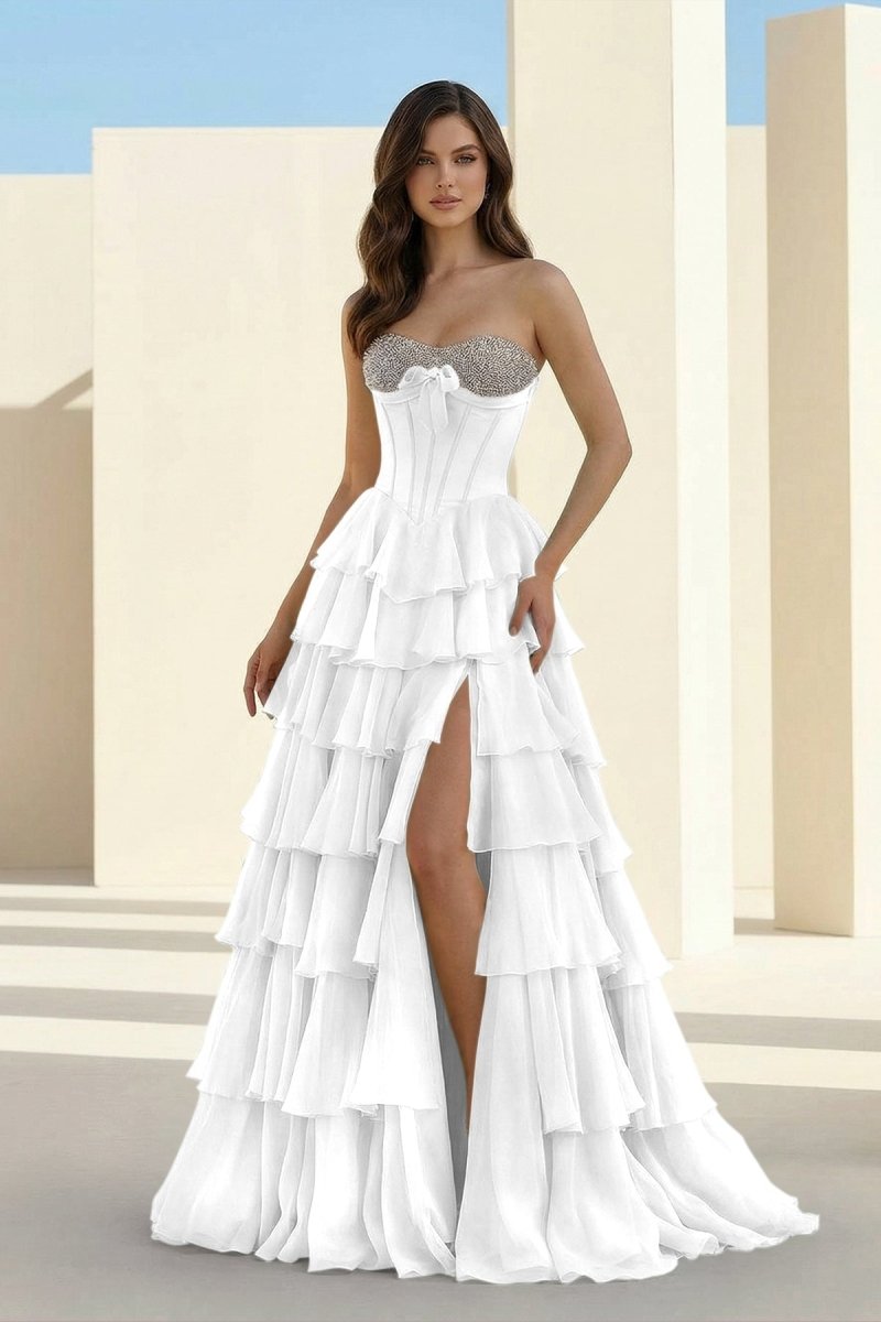 Ellira | White - Sweetheart A Line Chiffon Ruffled Long Formal Prom Dresses With Beading - KissProm