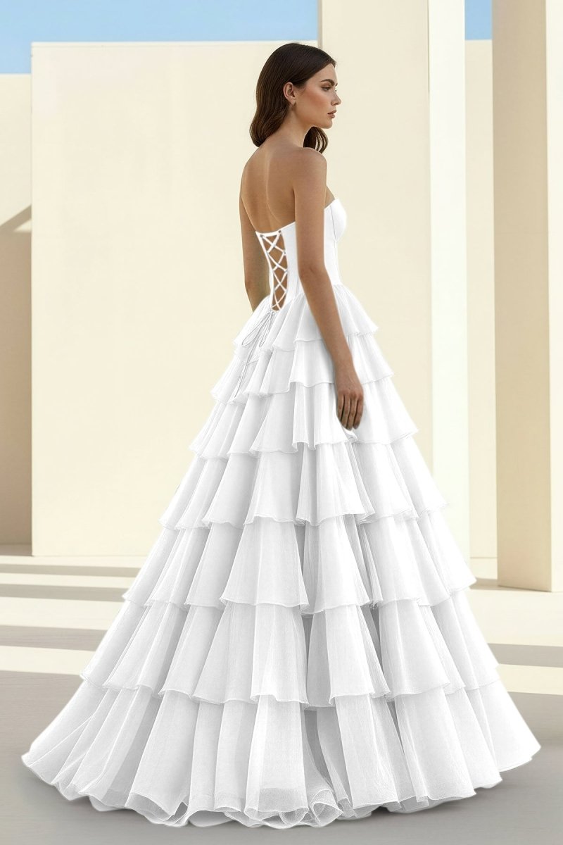Ellira | White - Sweetheart A Line Chiffon Ruffled Long Formal Prom Dresses With Beading - KissProm