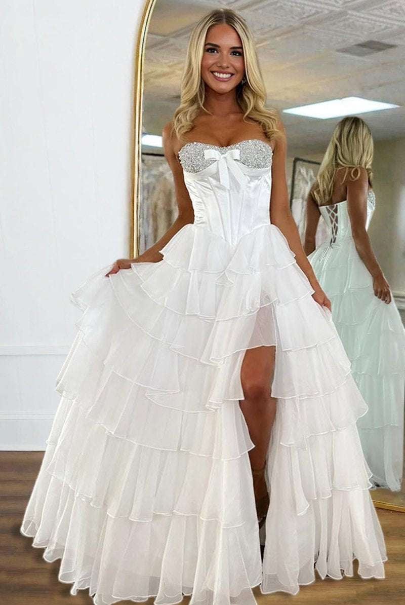 Ellira | Pink - Sweetheart A Line Chiffon Ruffled Long Formal Prom Dresses With Beading - KissProm