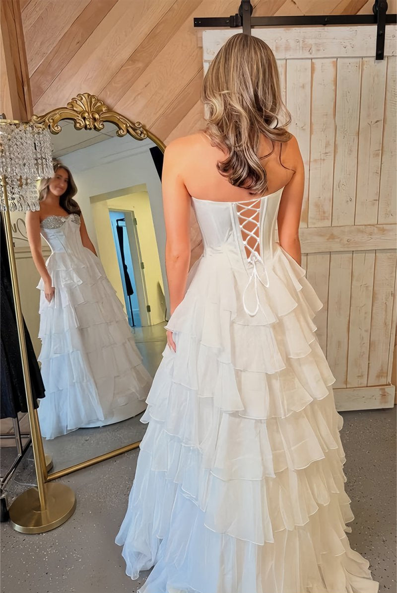 Ellira | White - Sweetheart A Line Chiffon Ruffled Long Formal Prom Dresses With Beading - KissProm