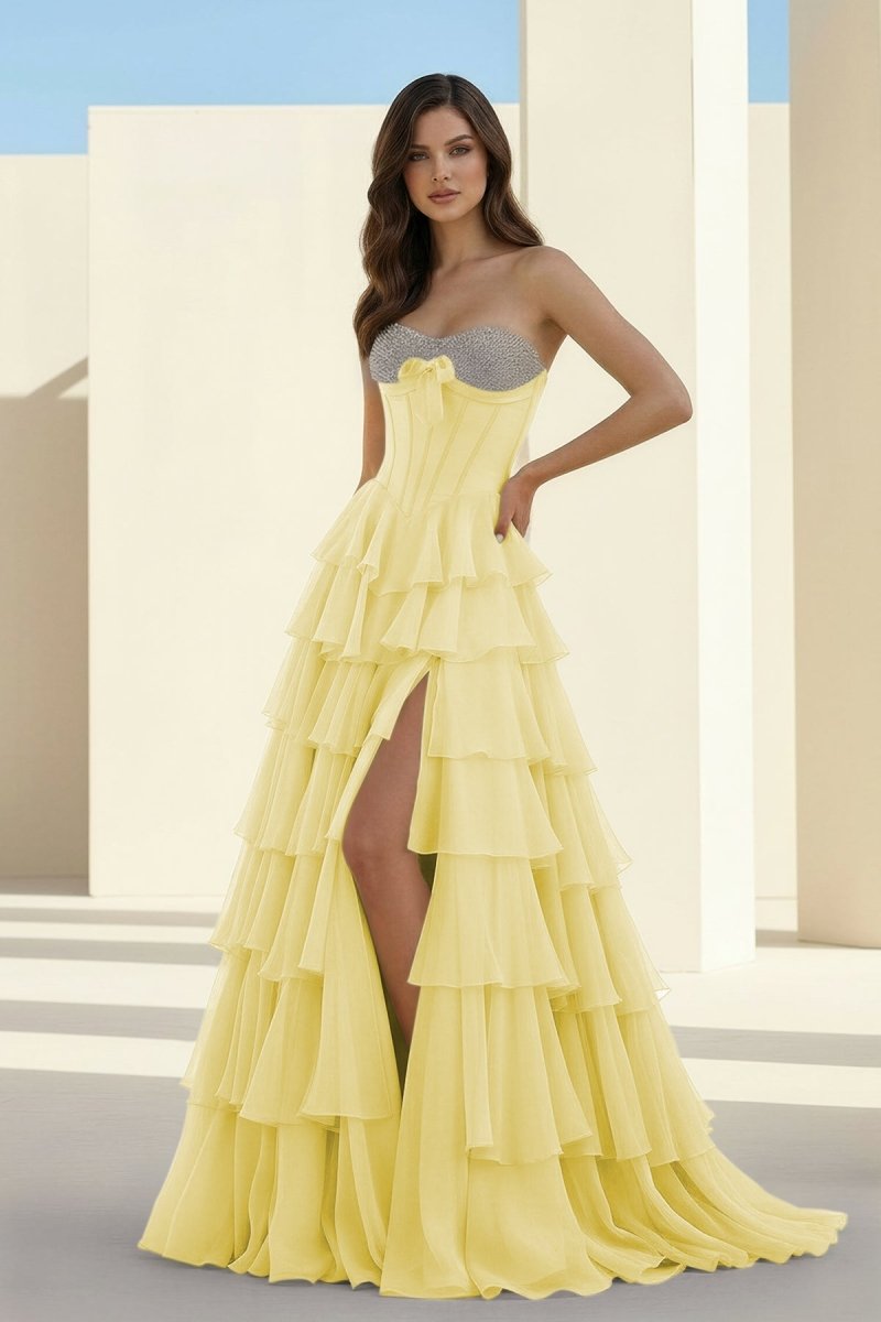 Ellira | Yellow - Sweetheart A Line Chiffon Ruffled Long Formal Prom Dresses With Beading - KissProm