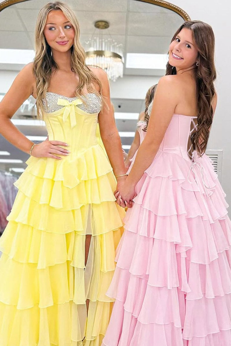 Ellira | Yellow - Sweetheart A Line Chiffon Ruffled Long Formal Prom Dresses With Beading - KissProm
