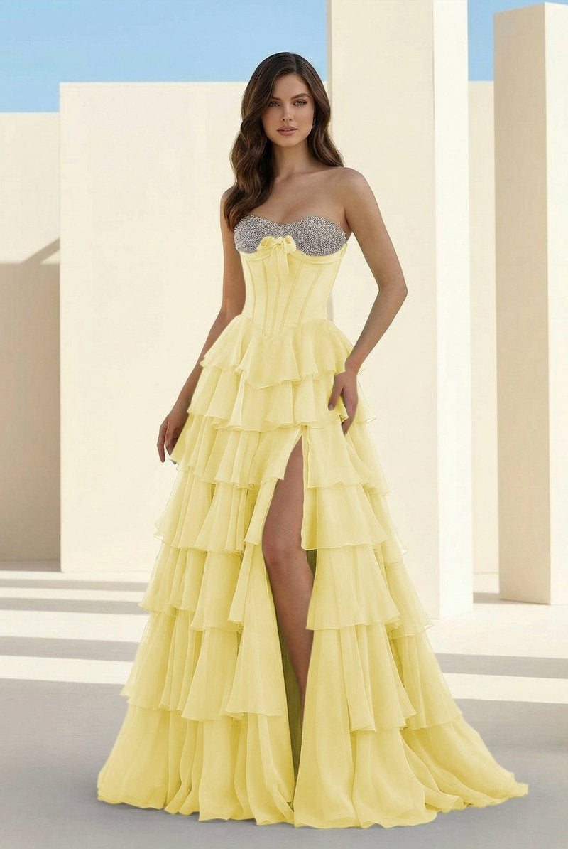 Ellira | Yellow - Sweetheart A Line Chiffon Ruffled Long Formal Prom Dresses With Beading - KissProm