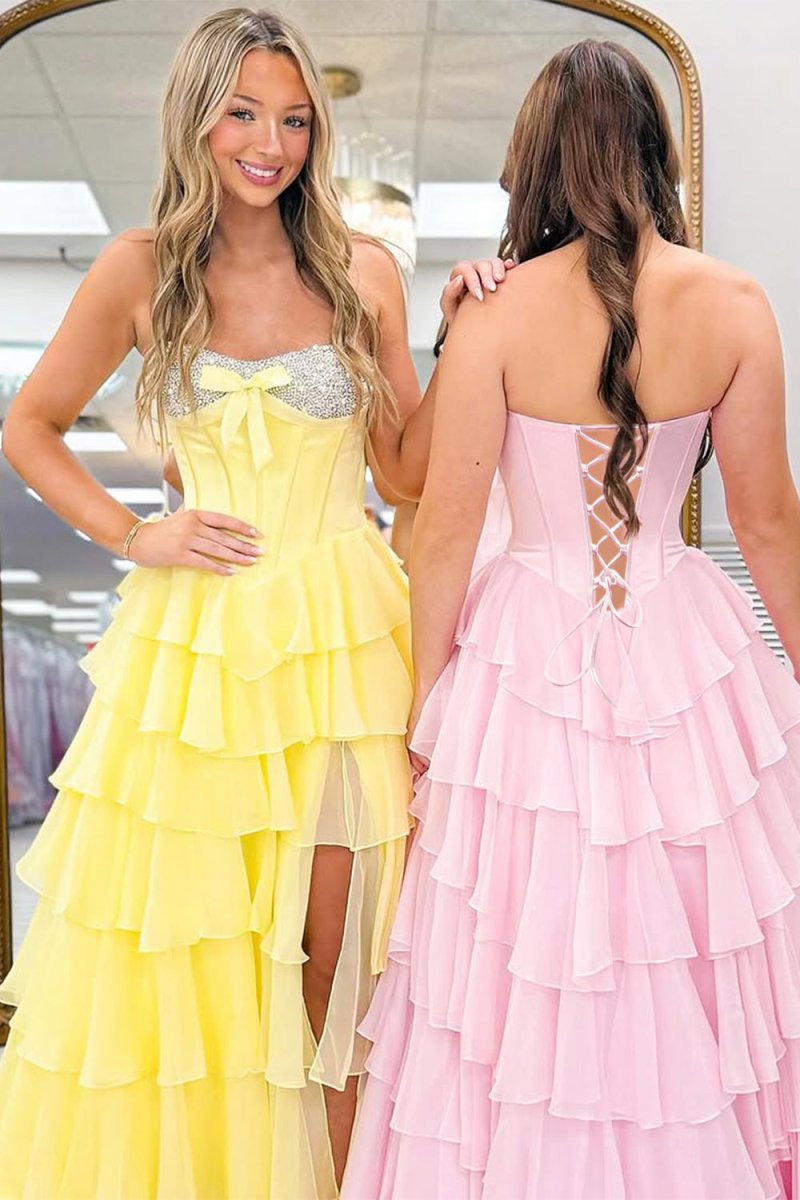 Ellira | Pink - Sweetheart A Line Chiffon Ruffled Long Formal Prom Dresses With Beading - KissProm