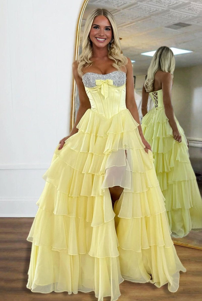 Ellira | Pink - Sweetheart A Line Chiffon Ruffled Long Formal Prom Dresses With Beading - KissProm