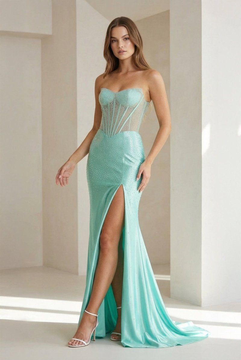 Ellison | Aqua - Mermaid Scoop Neck Satin Beaded Long Formal Prom Dresses With Slit - KissProm