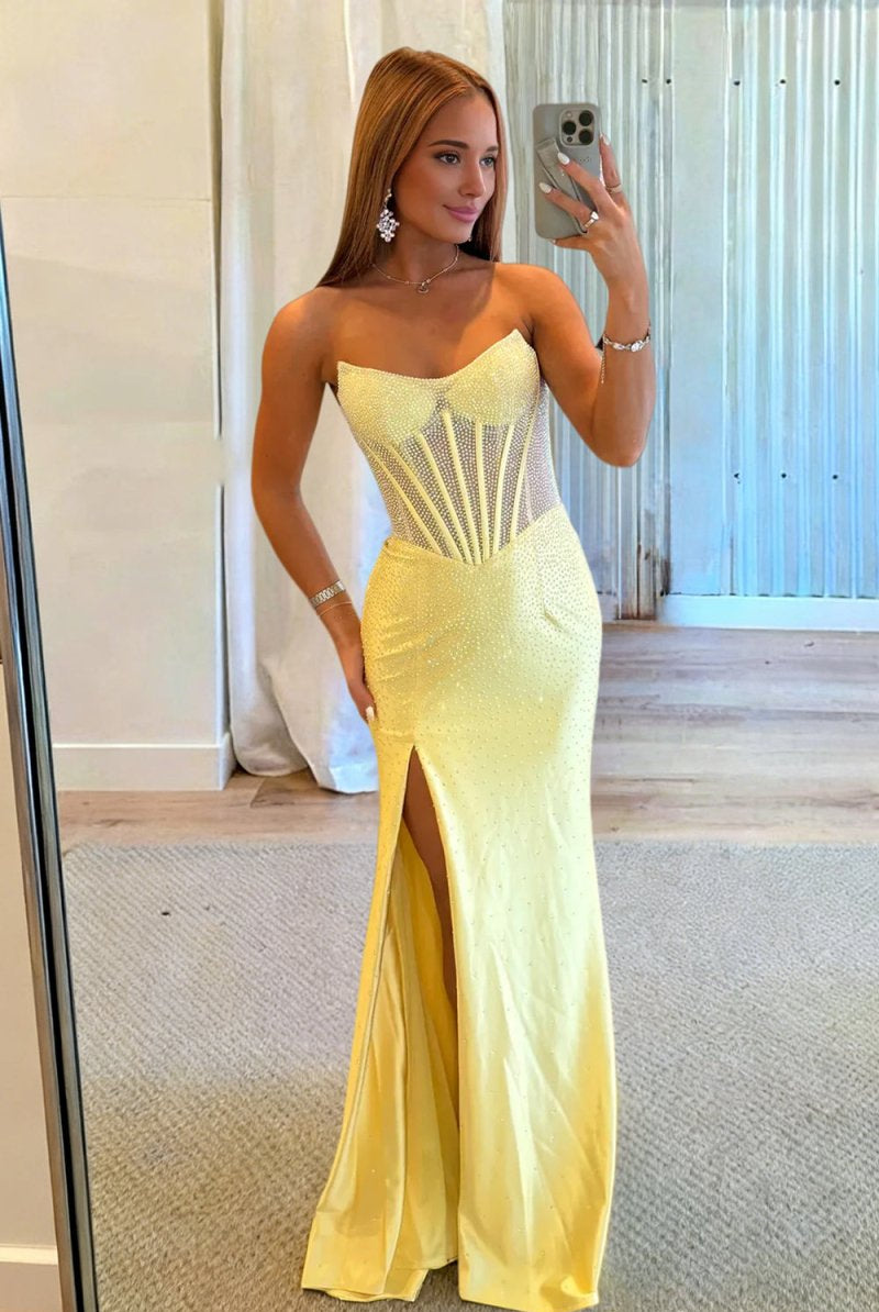 Ellison | Yellow - Mermaid Scoop Neck Satin Beaded Long Formal Prom Dresses With Slit - KissProm