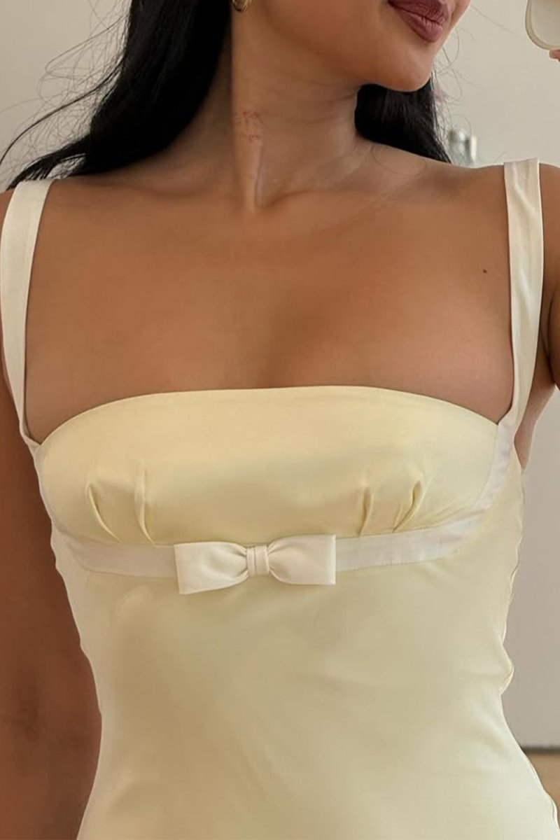 Ellora | Yellow - Square Neck Mermaid Satin Long Prom Dresses With Bowknot - KissProm