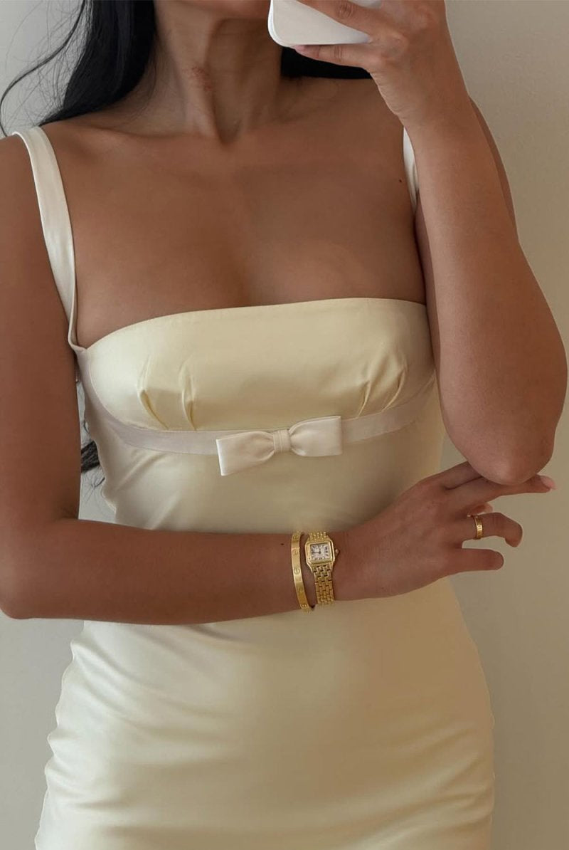 Ellora | Yellow - Square Neck Mermaid Satin Long Prom Dresses With Bowknot - KissProm