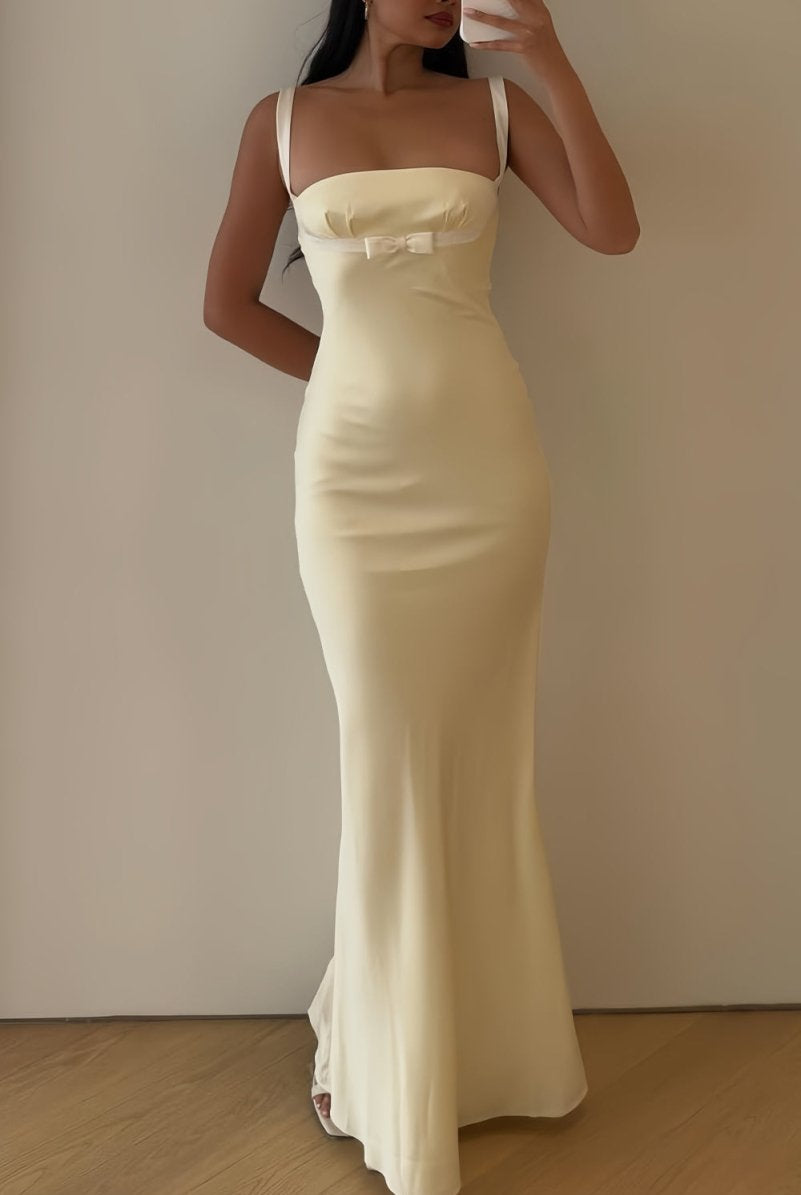 Ellora | Yellow - Square Neck Mermaid Satin Long Prom Dresses With Bowknot - KissProm