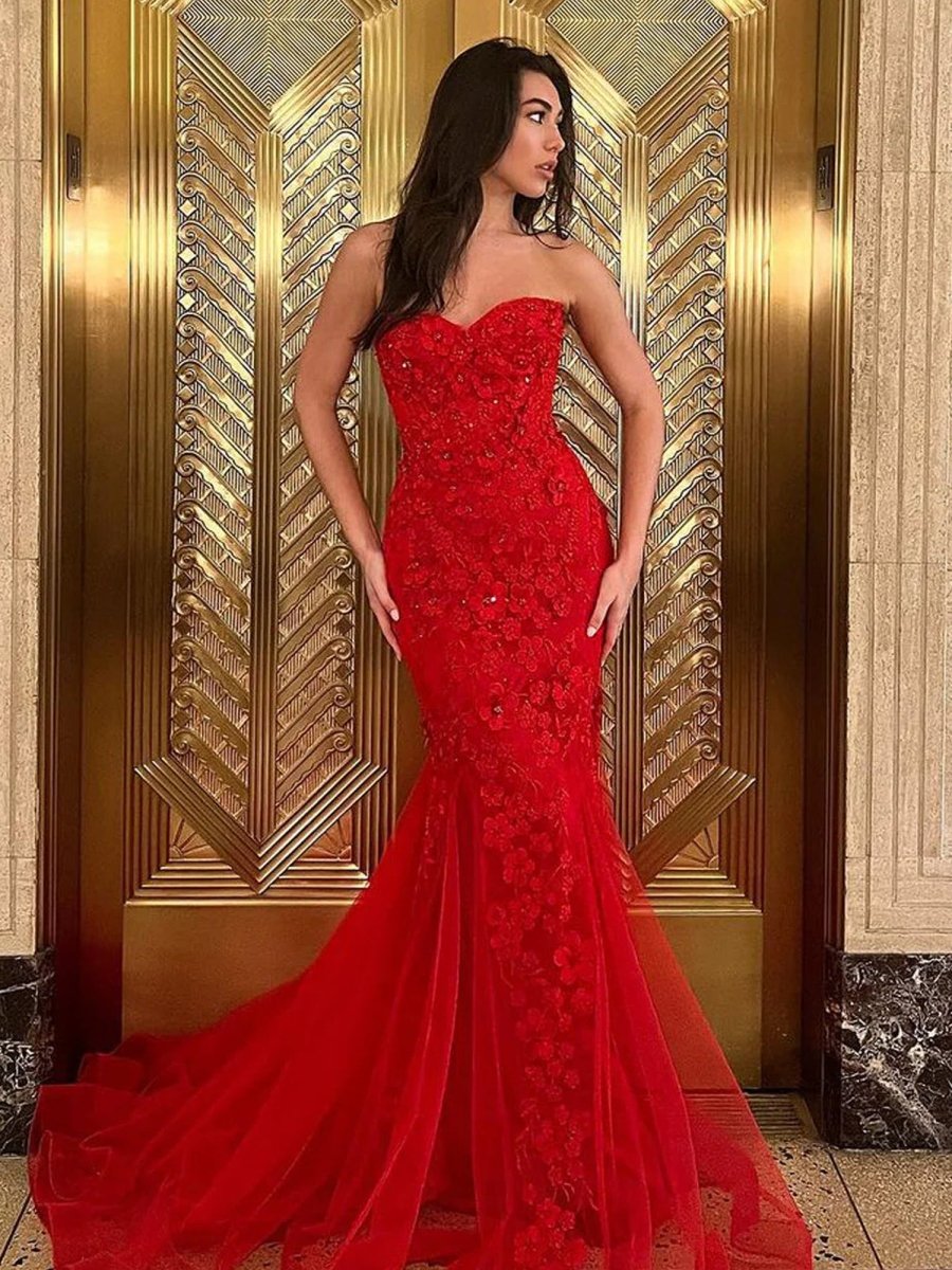 Mermaid Sweetheart Red Lace Long Prom Dresses Red / 6 Mermaid Sweetheart Red Lace Long Prom Dresses Red / 6