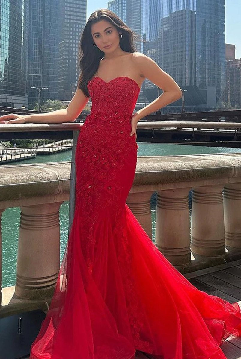 Ellorie | Mermaid Sweetheart Red Lace Long Prom Dresses - KissProm