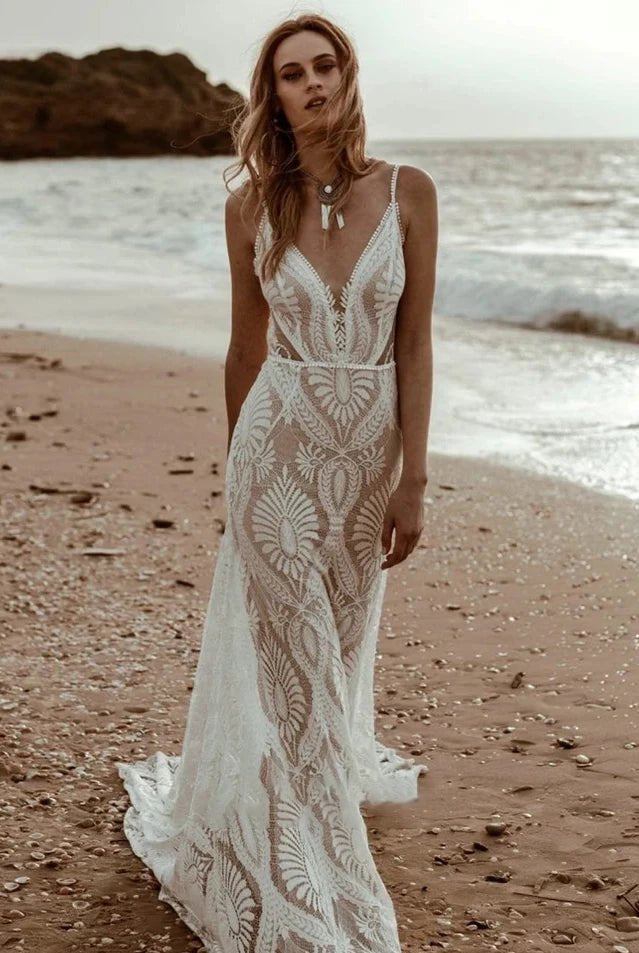 Trasy | Beach Floral Mermaid Plunging Boho Lace Wedding Dress with Sweep Train
