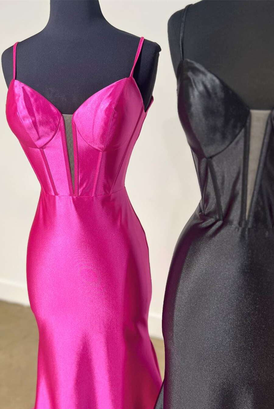 Elori | Plunge Neck Black Satin Mermaid Long Prom Dress - KissProm