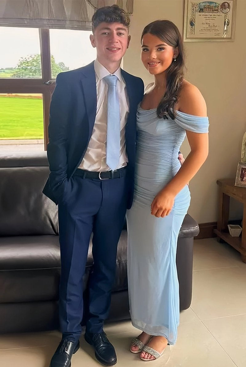 Eloria | Blue - Sheath Off - Shoulder Tulle Pleated Long Prom Dresses - KissProm