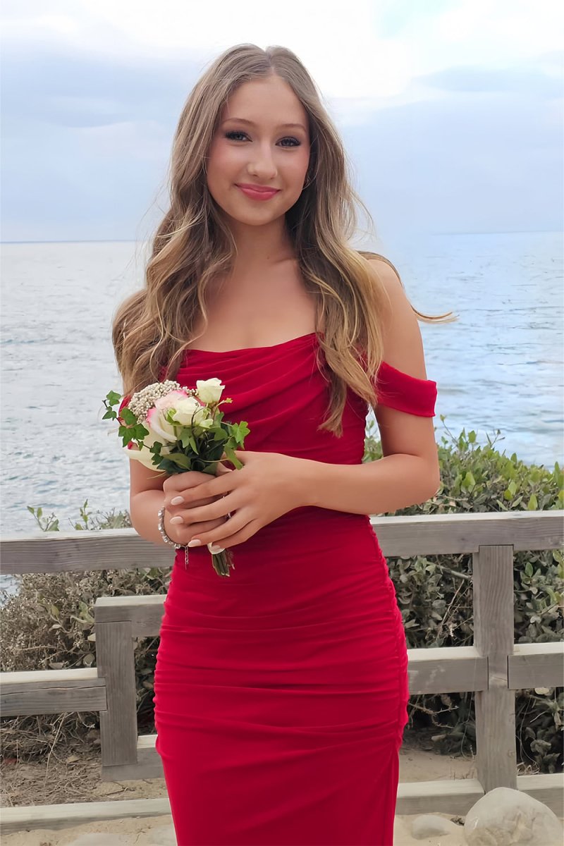 Eloria | Red - Sheath Off - Shoulder Tulle Pleated Long Prom Dresses - KissProm