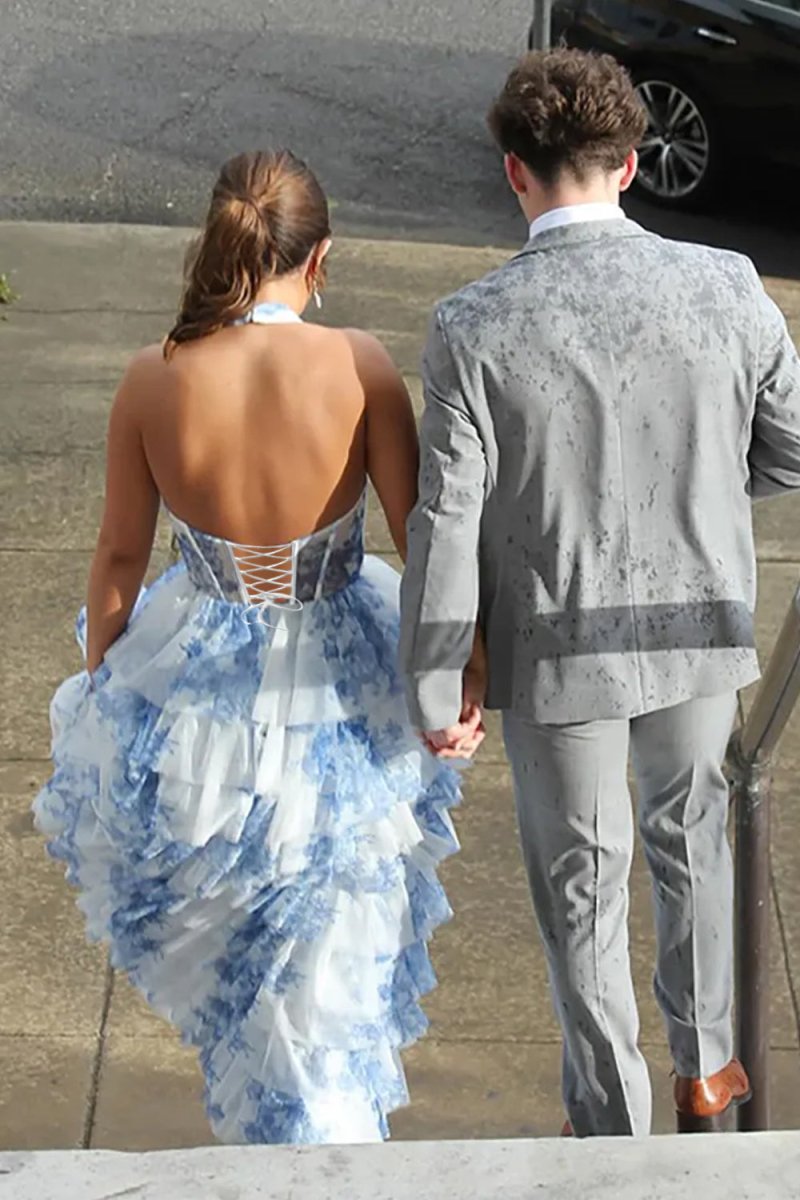 Elsin | Blue - Halter A Line Floral Chiffon Formal Prom Dresses With Ruffles - KissProm