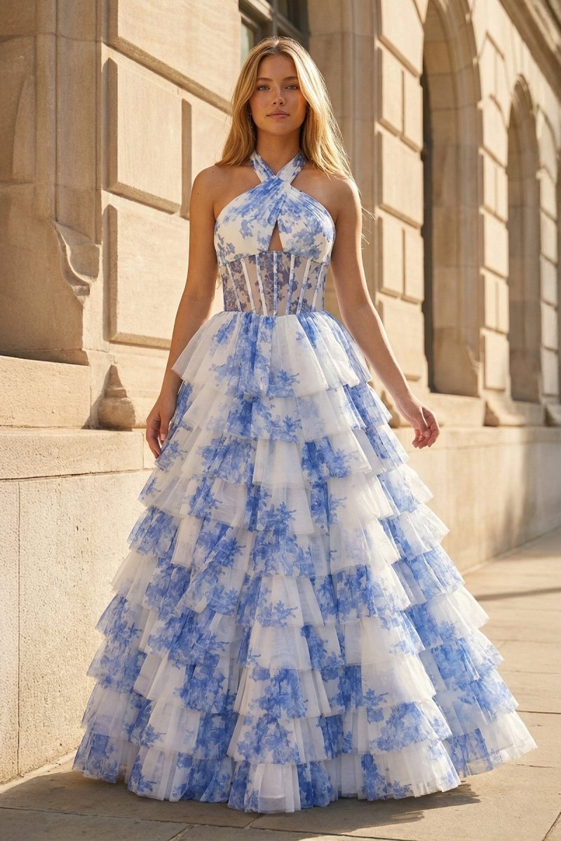 KissProm Blue Halter A Line Floral Chiffon Formal Prom Dresses With Ruffles, Blue / 6