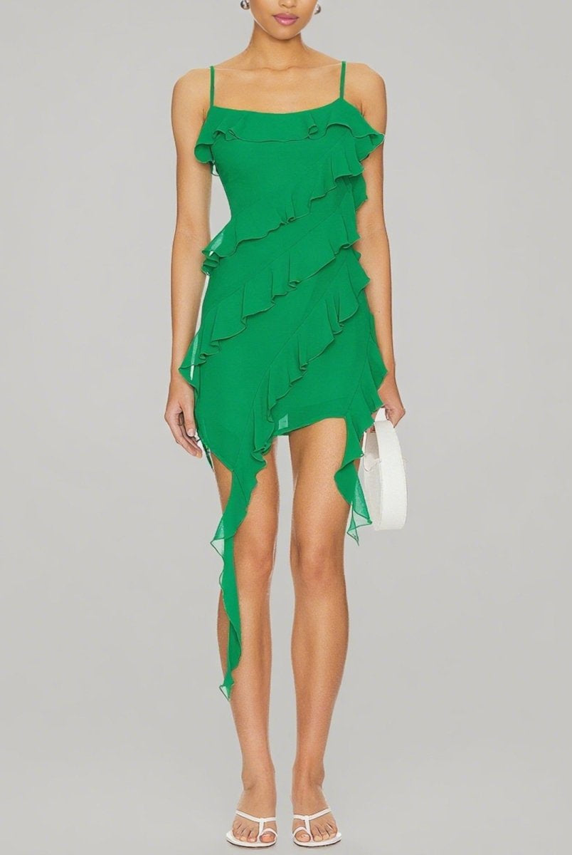 Elsinia | Green - Sheath Chiffon Spaghetti Straps Ruffled Short Homecoming Dresses