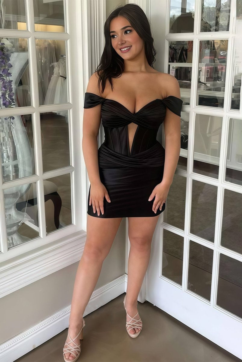 Elsinore | Black - Off The Shoulder Bodycon Satin Short Homecoming Dress With Keyhole