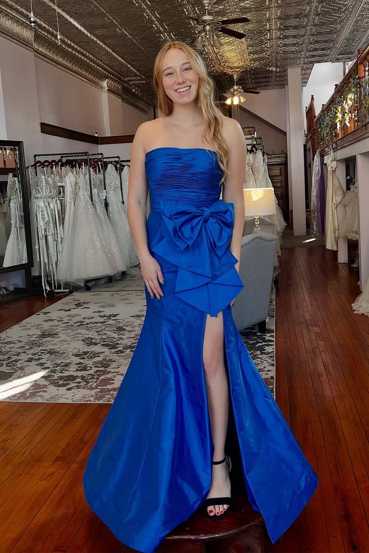 Red Strapless Mermaid Big Bow Satin Pleated Formal Prom Dress with Sli Red Strapless Mermaid Big Bow Satin Pleated Formal Prom Dress with Sli