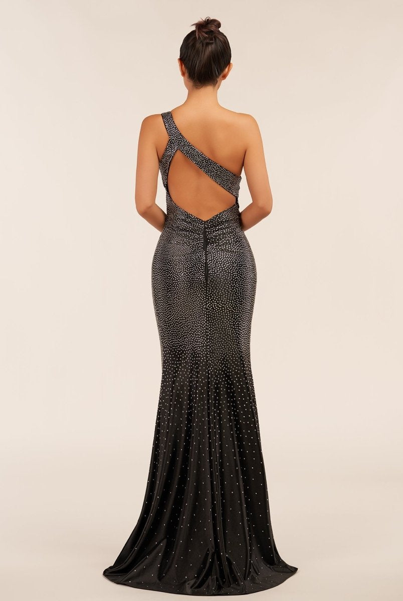 KissProm-Eluned Black One Shoulder Sheath Beaded Prom Dress With Split