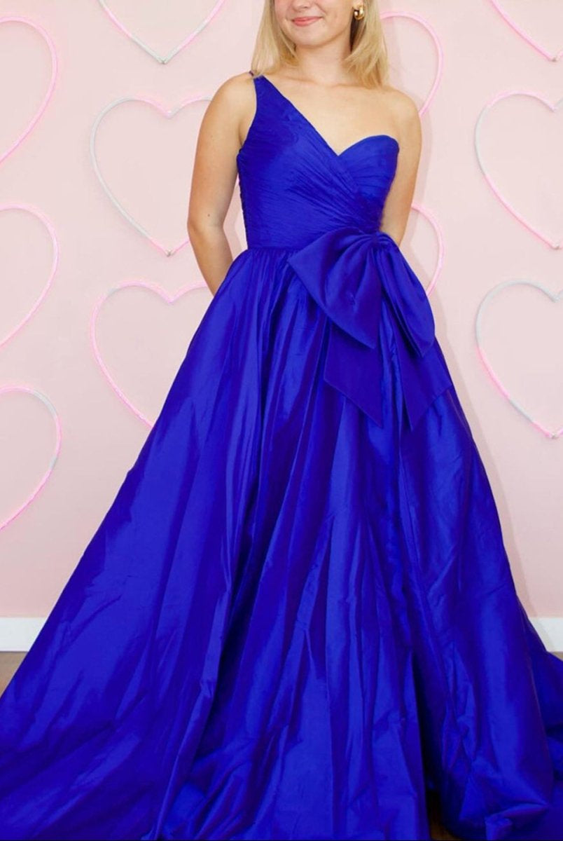 Elvinia | One Shoulder Satin A Line Prom Dress With Bow