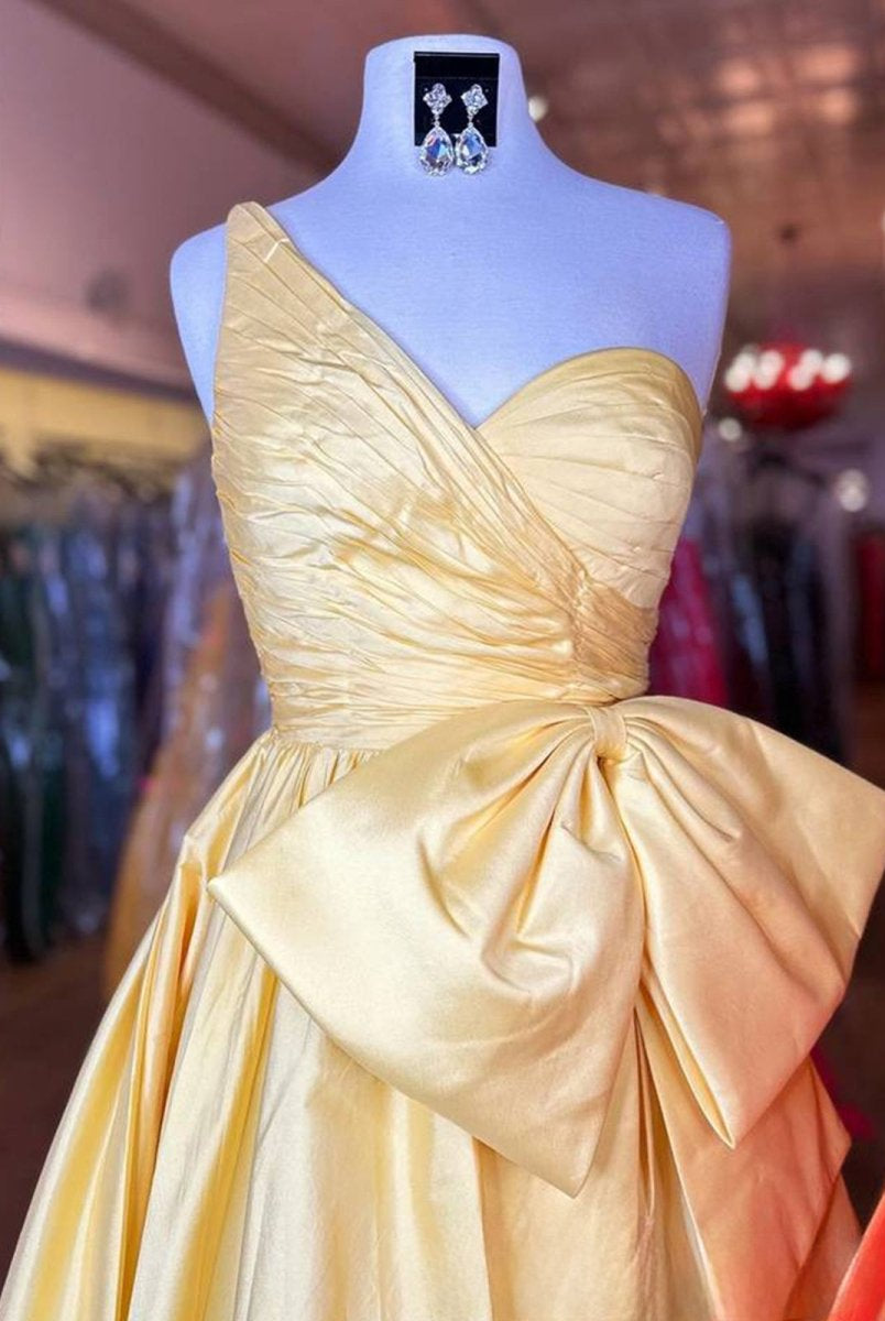Elvinia | One Shoulder Satin A Line Prom Dress With Bow