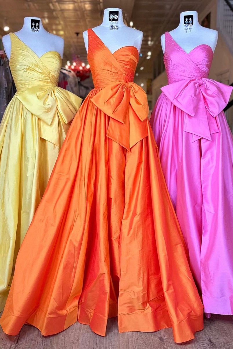 Elvinia | One Shoulder Satin A Line Prom Dress With Bow