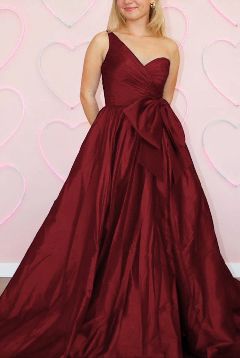 Elvinia | One Shoulder Satin A Line Prom Dress With Bow