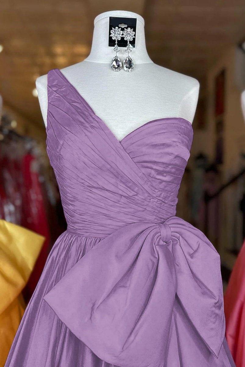 Elvinia | One Shoulder Satin A Line Prom Dress With Bow