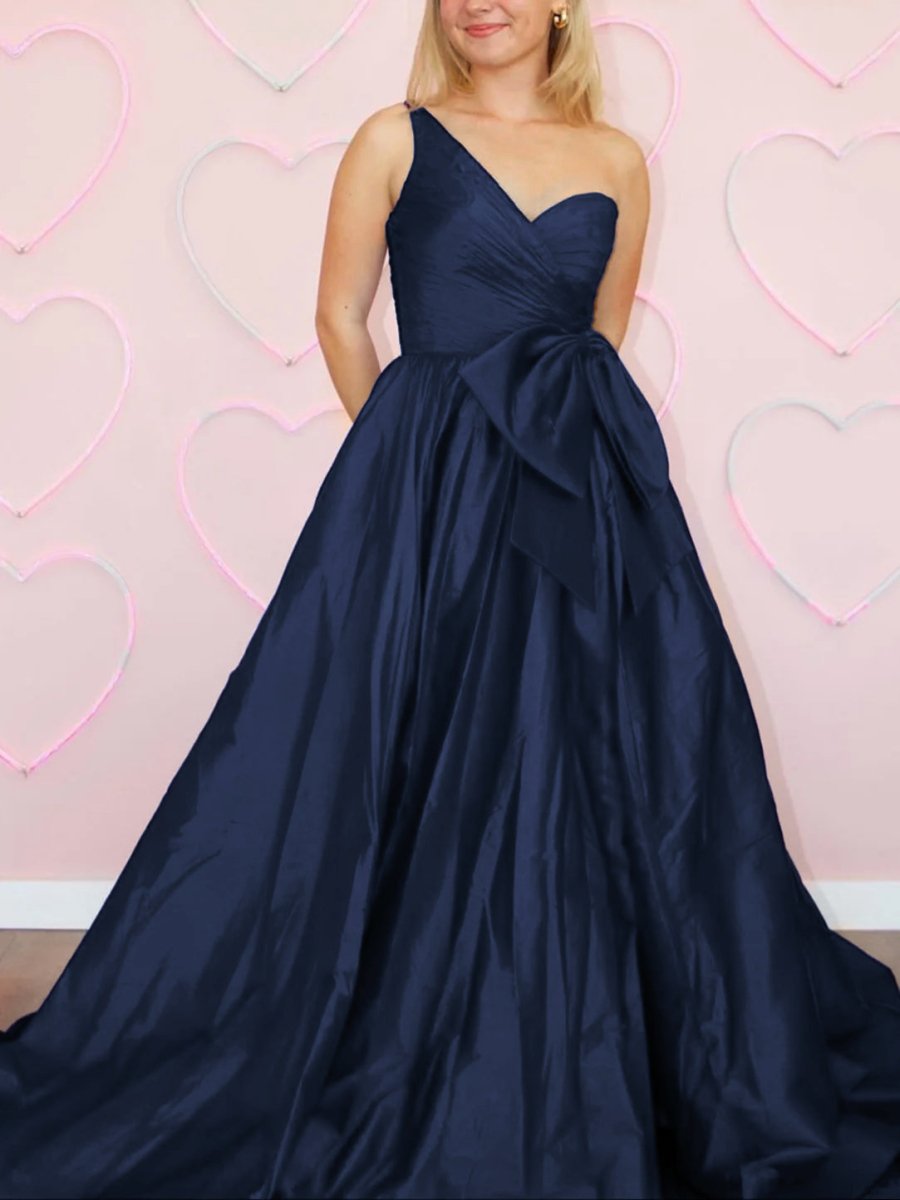 Elvinia | One Shoulder Satin A Line Prom Dress With Bow