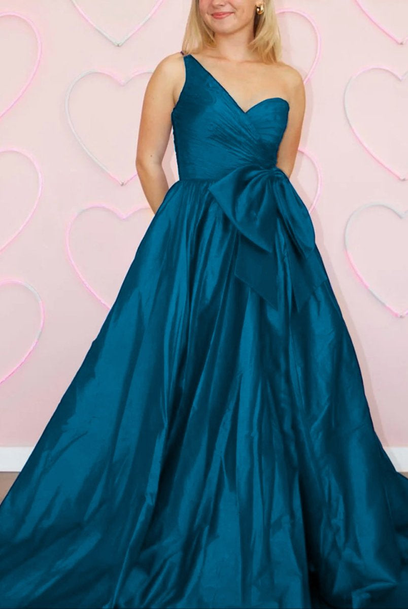 Elvinia | One Shoulder Satin A Line Prom Dress With Bow